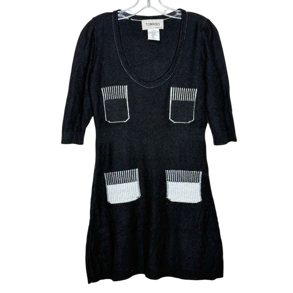 TOMASO Black 3/4 Sleeve Mini Sweater Tunic Dress Size 40 Virgin Wool Knit